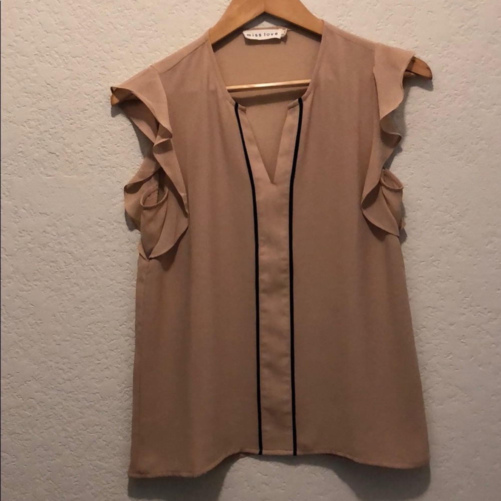 Tan blouse with ruffle sleeves